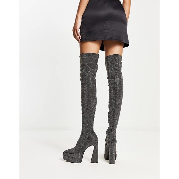 Steve Madden Sultry Rhinestone Over The Knee Platform Black Boots - Picture 2 of 16